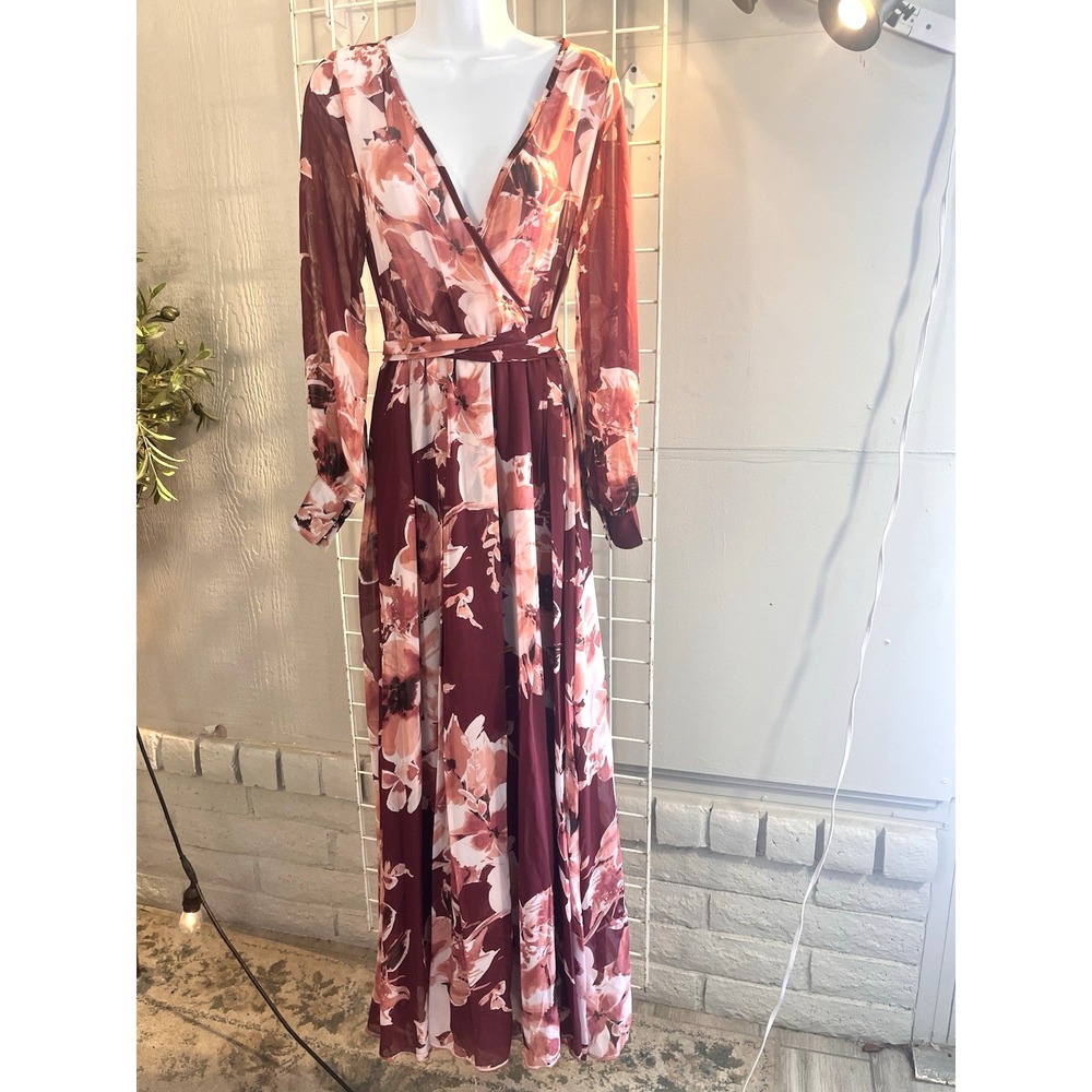 Olivia Flower‎ Patterned  Sheer Lined Boho Maxi Dress With Sash Size Small